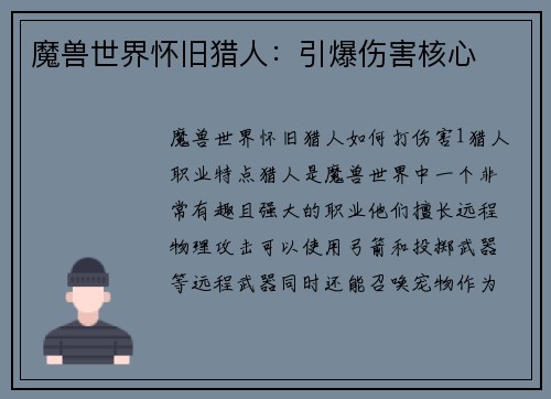 魔兽世界怀旧猎人：引爆伤害核心