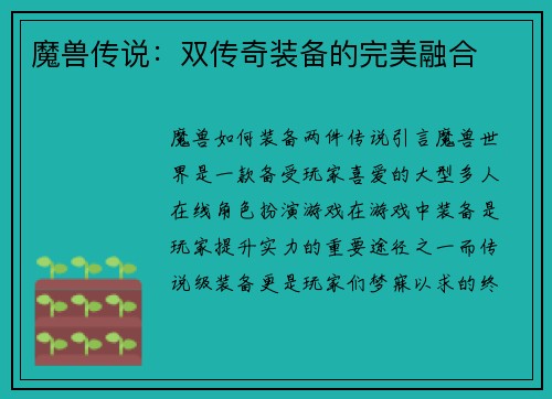 魔兽传说：双传奇装备的完美融合