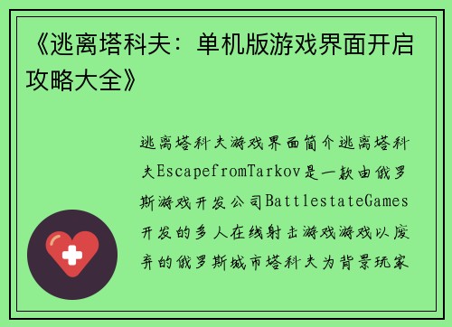 《逃离塔科夫：单机版游戏界面开启攻略大全》